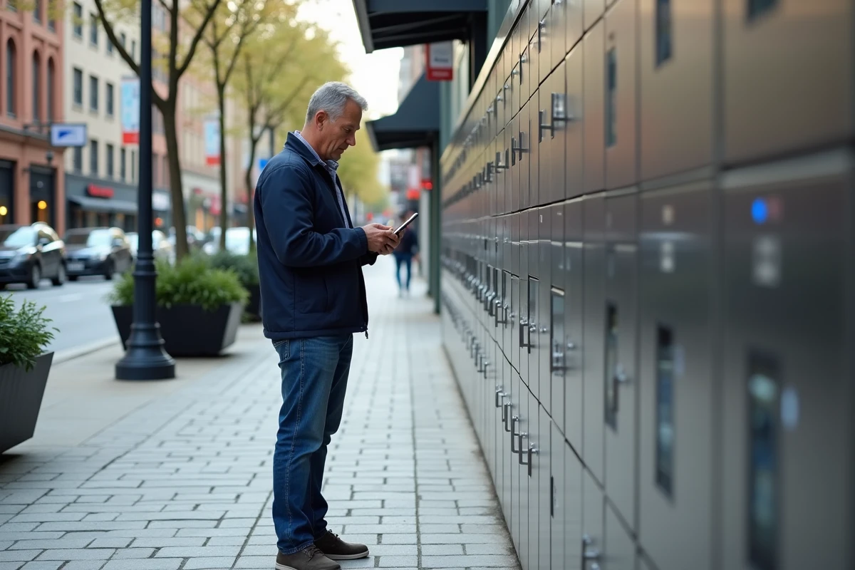 Homme vérifiant son smartphone devant un casier à colis urbain