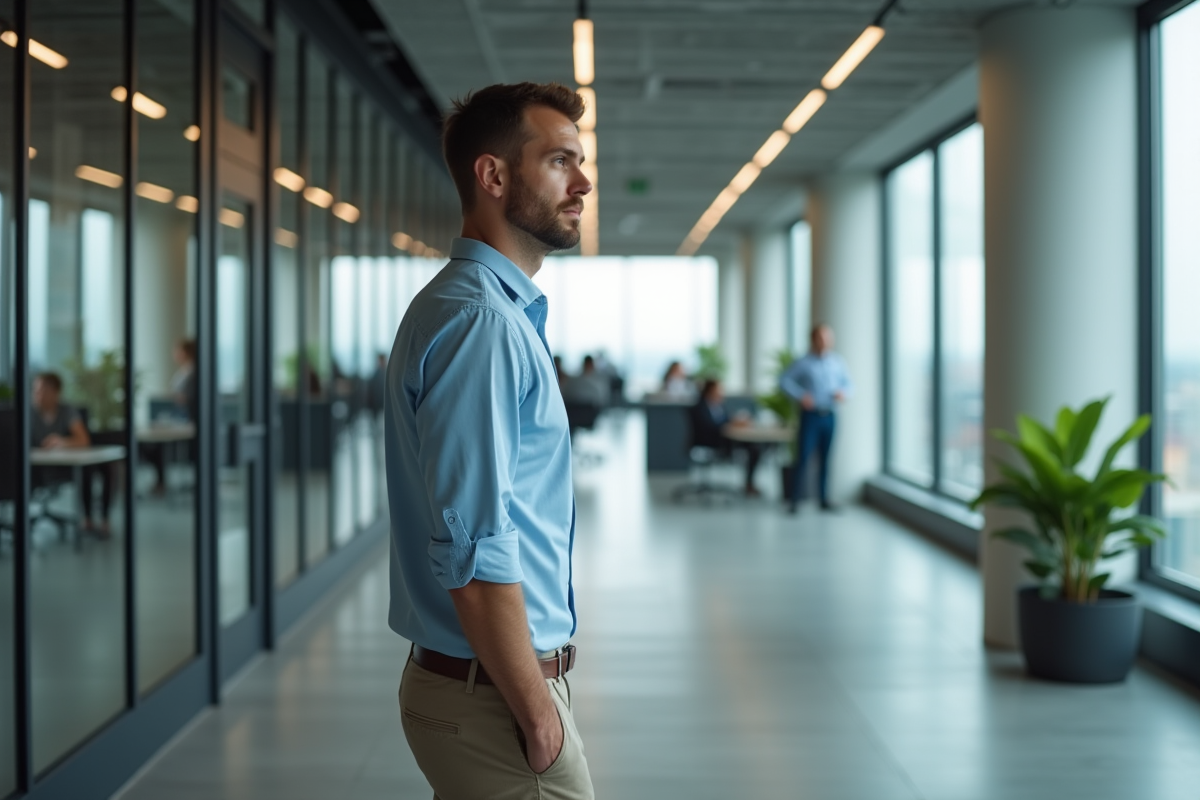Homme regardant pensivement par la fenêtre dans un couloir