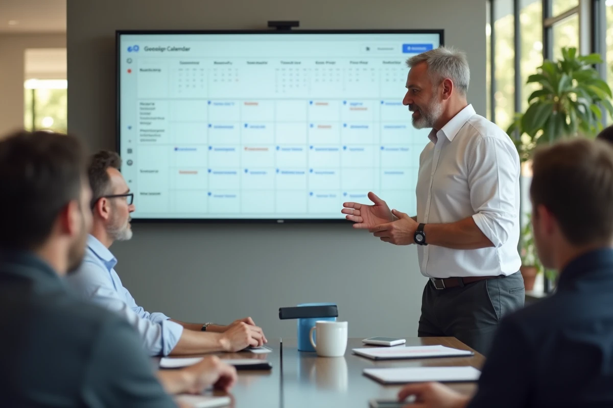Homme en réunion expliquant le calendrier Google