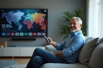 Homme souriant regardant la télévision connectée