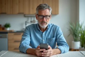 Homme d'âge moyen avec smartphone dans une cuisine lumineuse