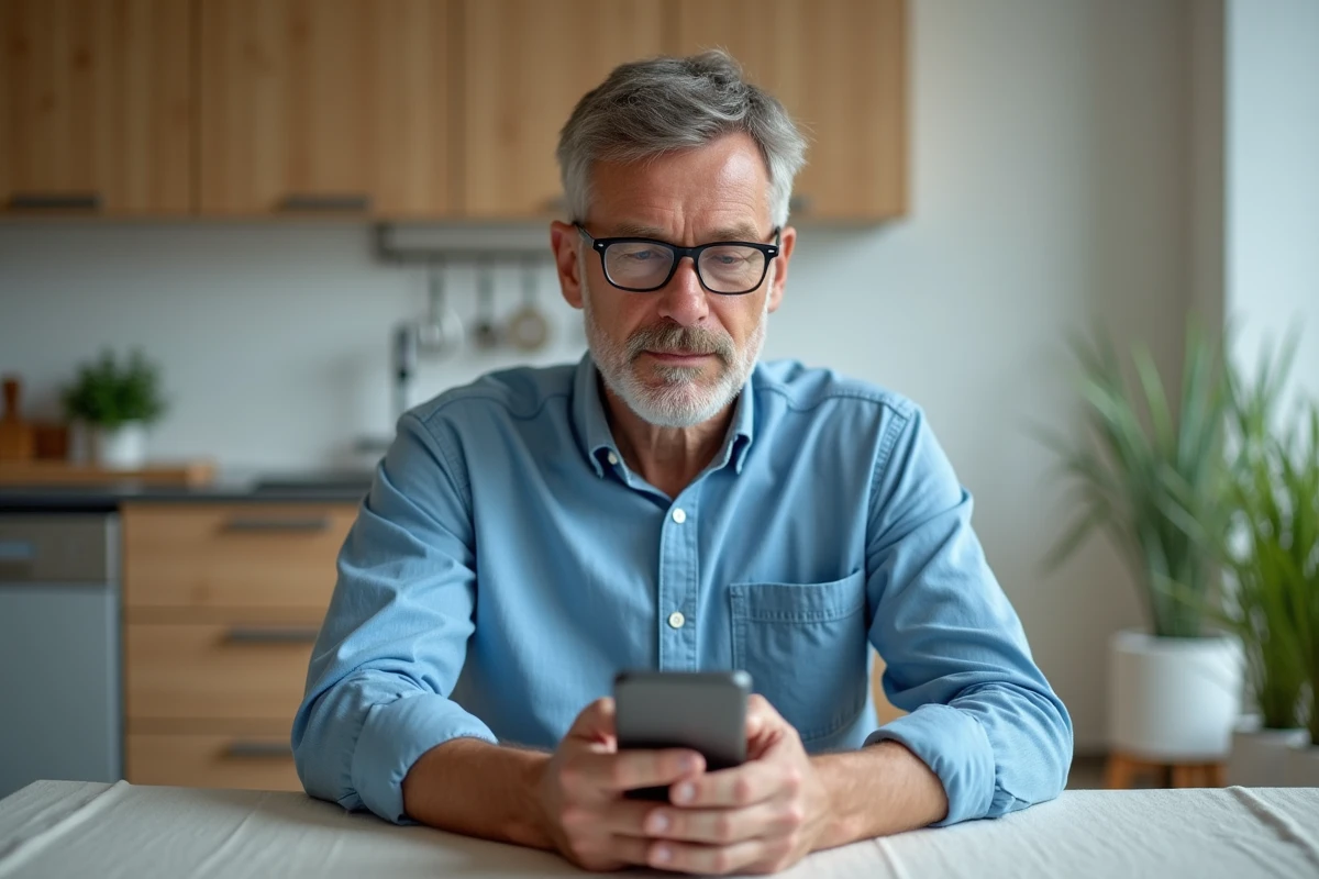 Homme d'âge moyen avec smartphone dans une cuisine lumineuse
