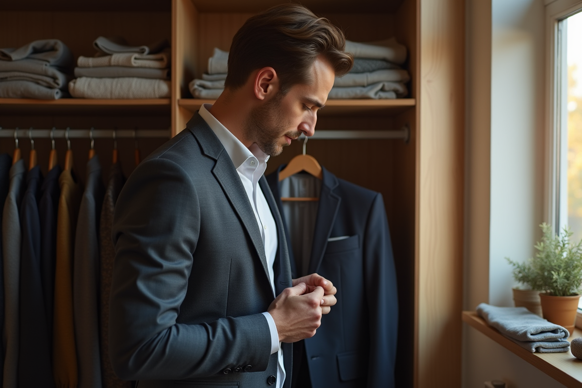 Homme bien habille choisissant ses vêtements au matin