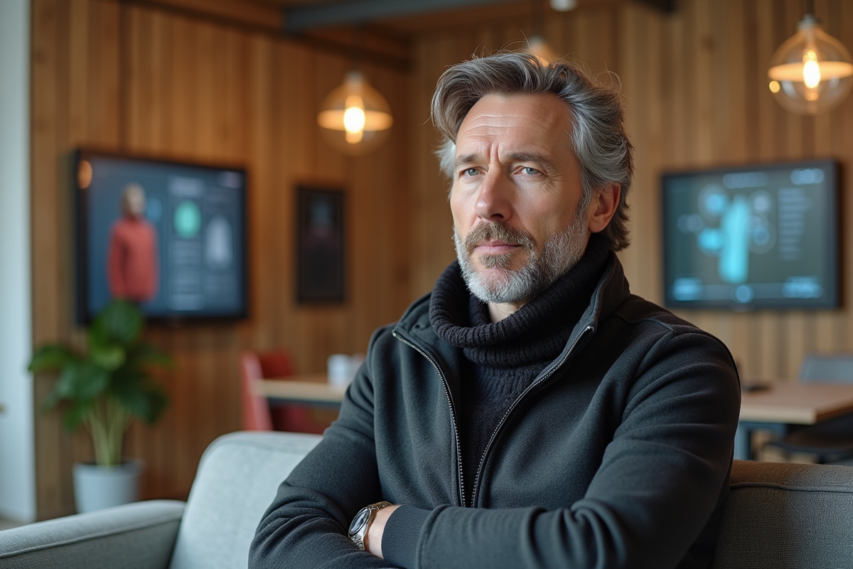 Homme en vêtements intelligents dans espace de coworking