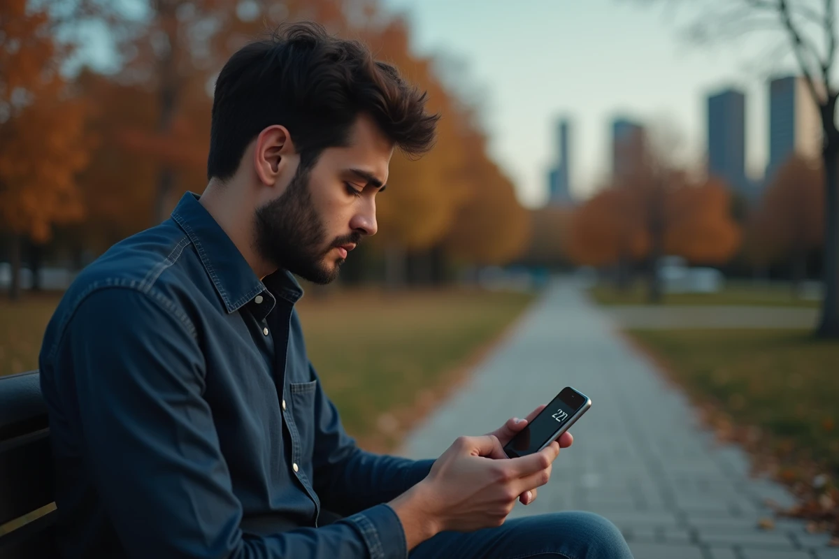 Homme regardant son smartphone affichant 21h21 dans un parc urbain en automne, évoquant le message de l'heure miroir