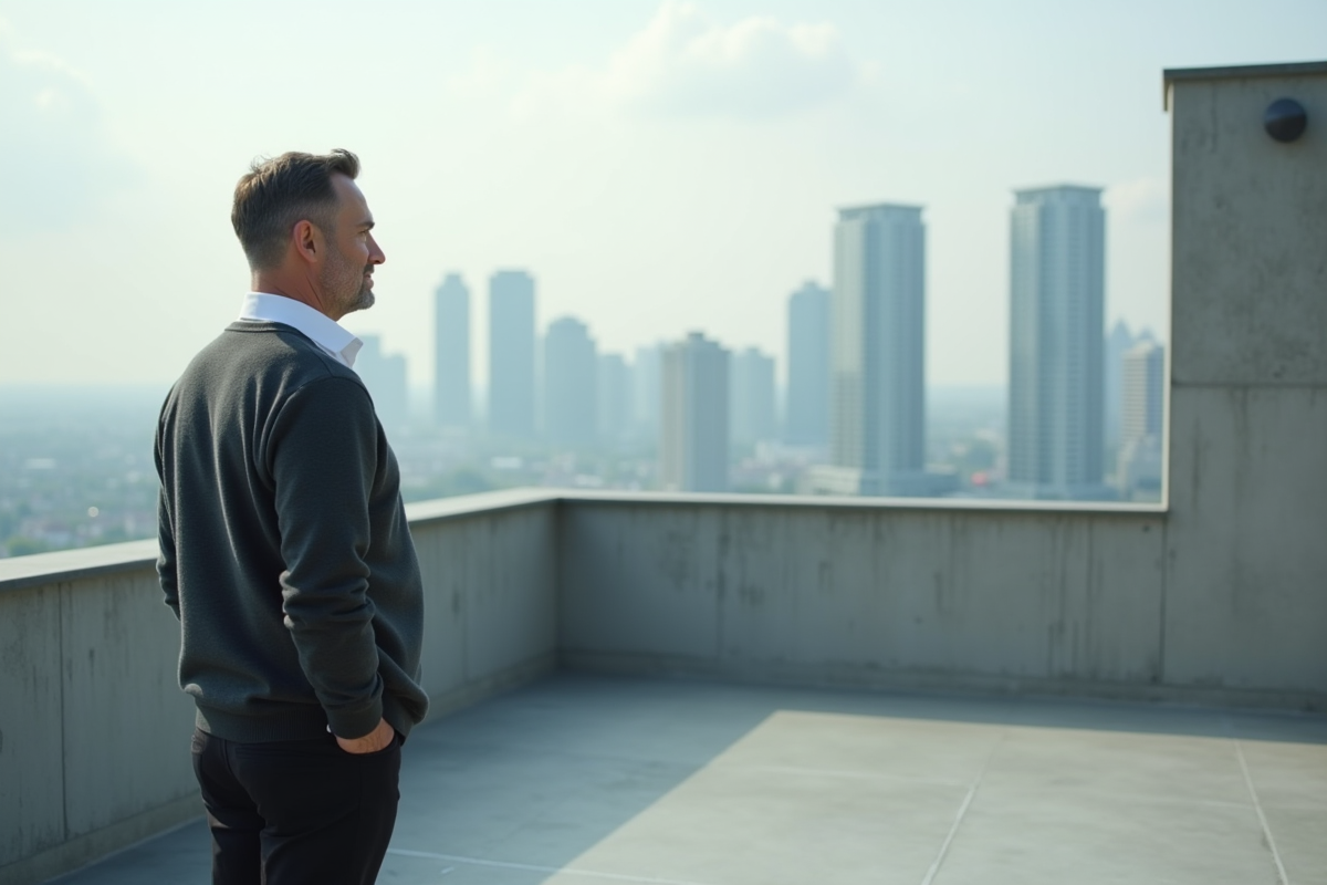 Homme contemplant la skyline urbaine sur une terrasse moderne