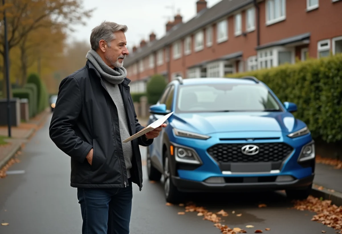 Homme d'âge moyen devant une voiture hybride en automne
