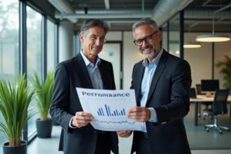 Homme et femme d'affaires examinant un graphique de performance