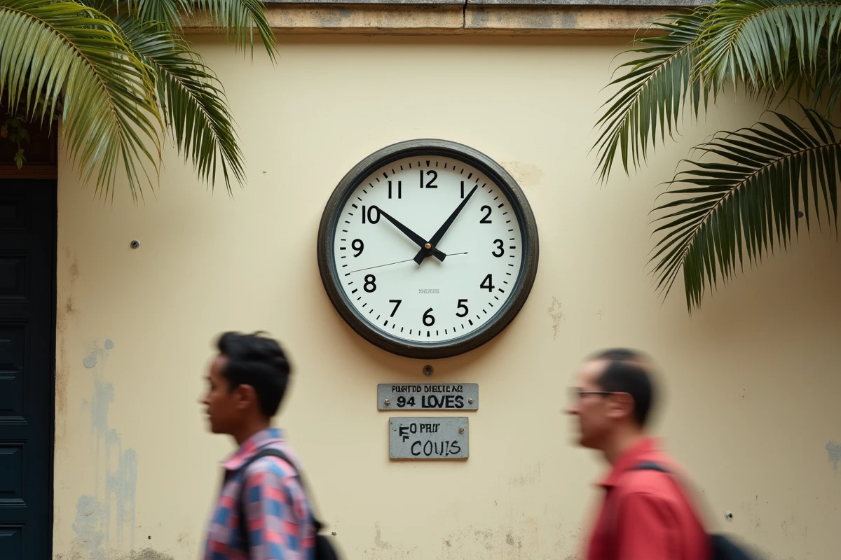 Horloge murale d'un bureau de poste à Kourou en Guyane française indiquant l'heure locale avec référence à l'heure de Paris