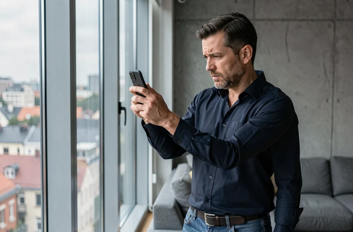Homme consultant son smartphone pour retrouver l'identité d'un numéro inconnu dans un appartement moderne