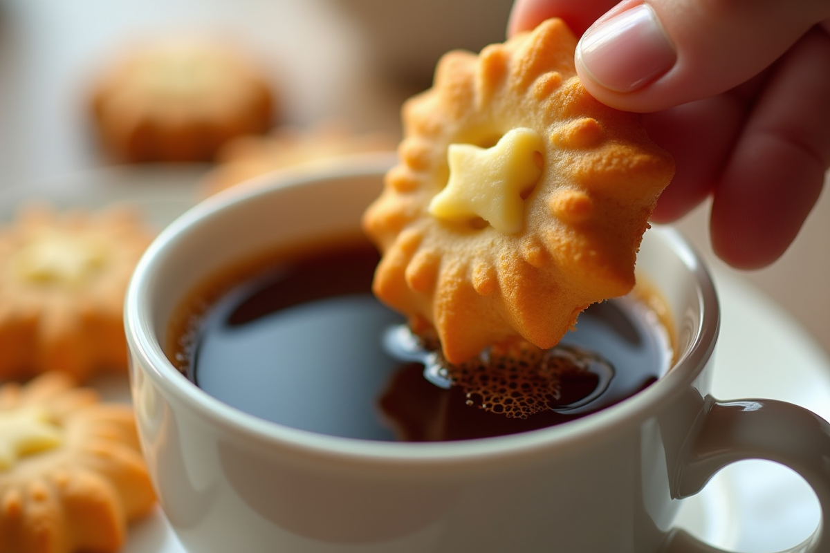 Biscuits ladyfinger trempant dans un bol de cafe en gros plan