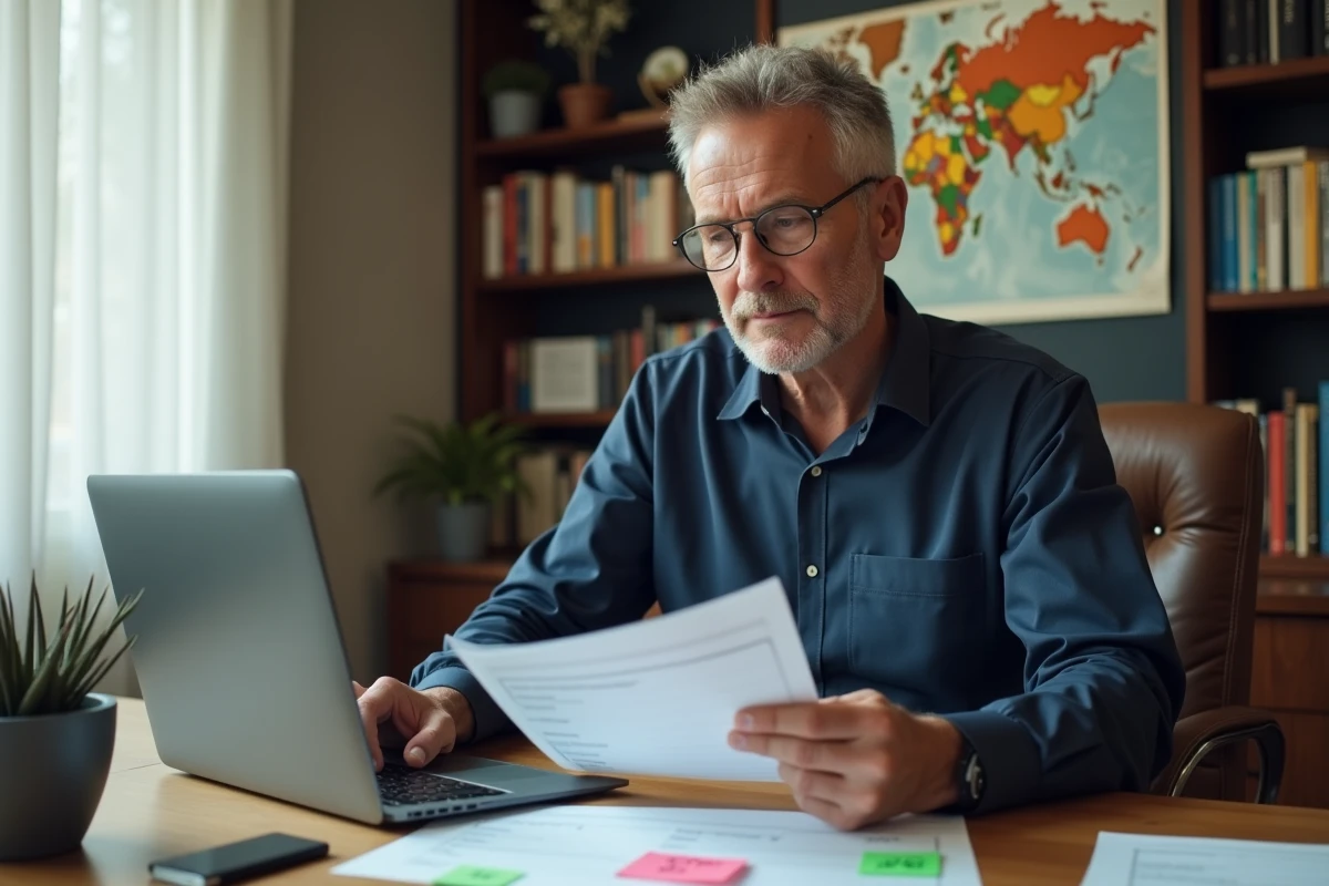 Homme consultant des documents de voyage avec un indicatif téléphonique grec +30 noté sur un bureau à domicile