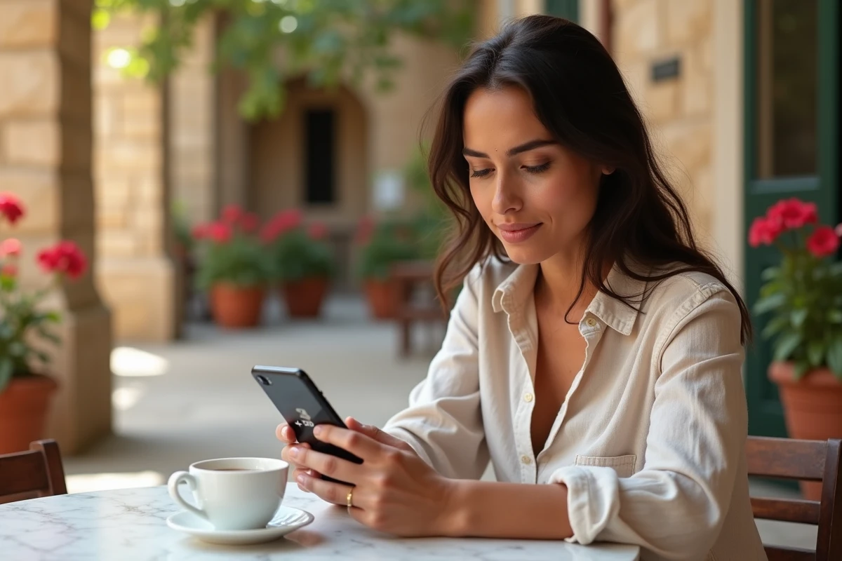 Femme consultant un numéro de téléphone grec commençant par +30 sur son smartphone dans un café méditerranéen