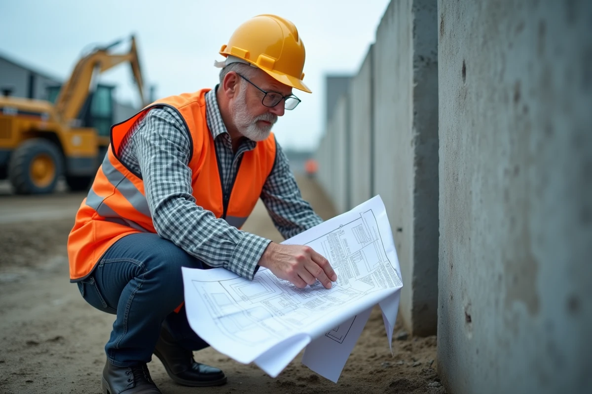 Ingénieur en génie civil sur chantier examinant des plans de conversion litres vers mètres cubes devant un grand réservoir cubique en béton