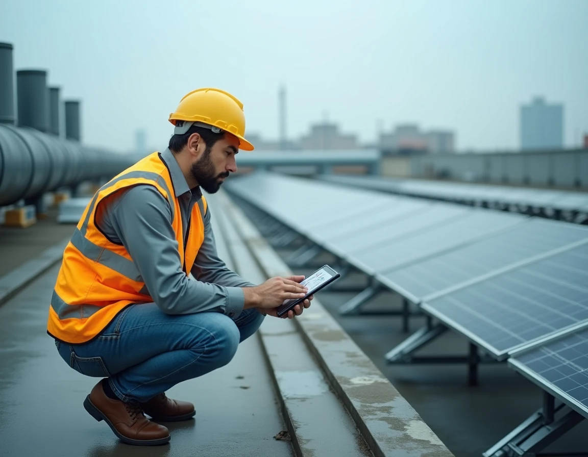 Ingénieur en énergie renouvelable évaluant les indicateurs de performance d'une installation solaire industrielle sur un toit