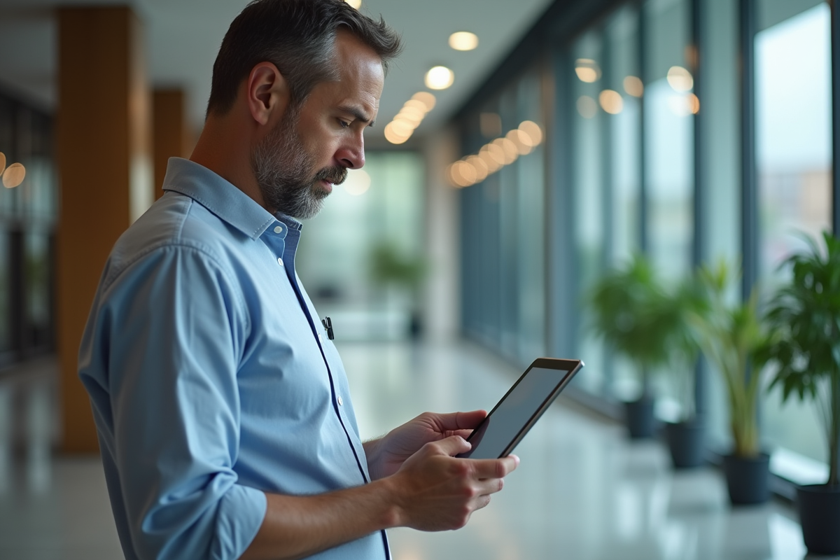 Ingénieur homme en intérieur avec tablette et bureau moderne