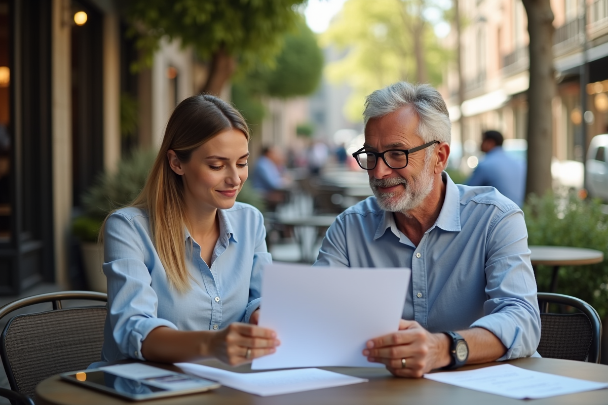 Investisseur et entrepreneure discutant dans un café en plein air