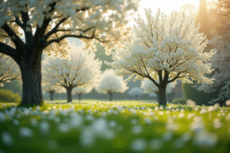 Scène de jardin avec des cerisiers en fleurs blanches en matinée
