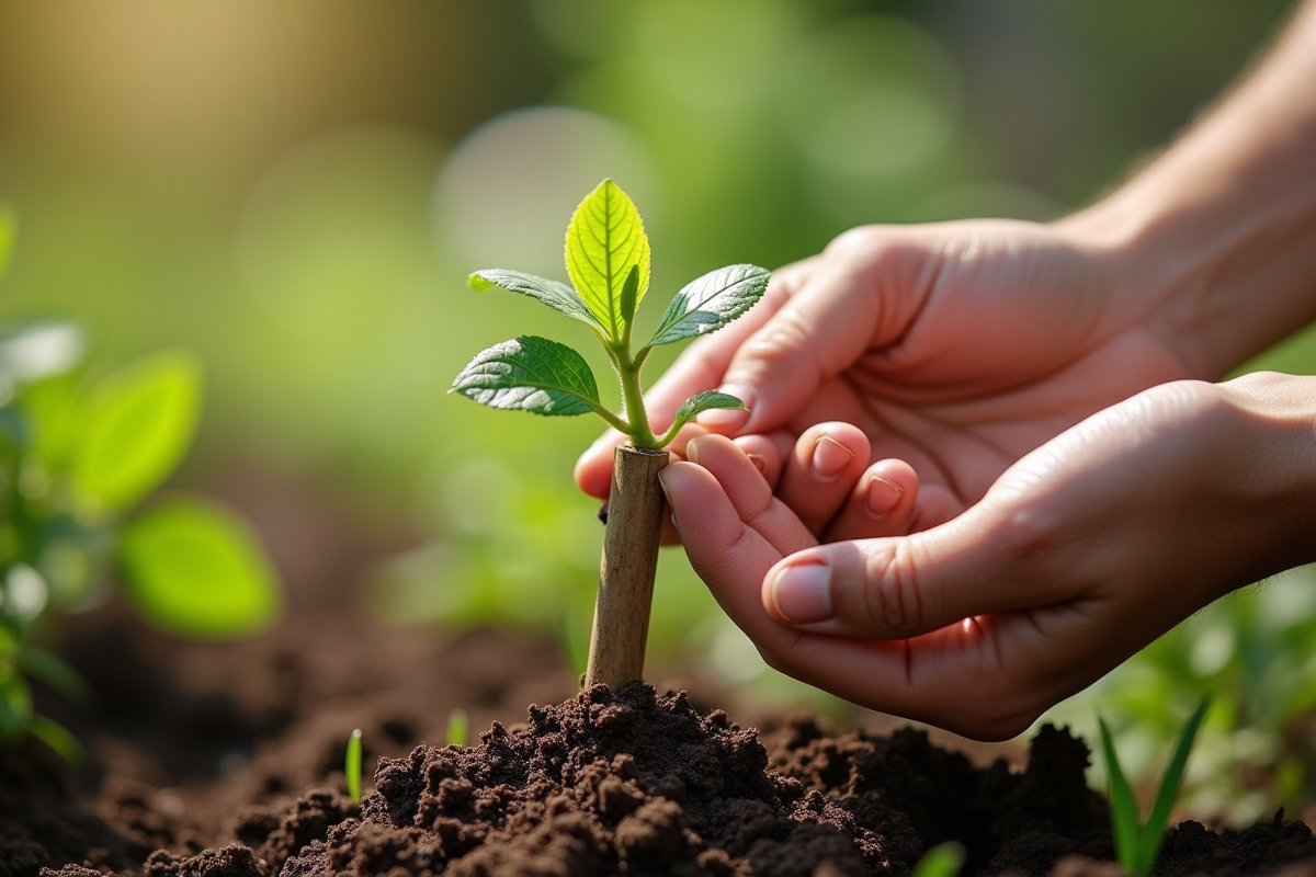 Main de jardinier guidant une jeune fleur dans un support en T