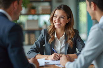 Jeune conseiller voyage aidant des clients dans une agence moderne