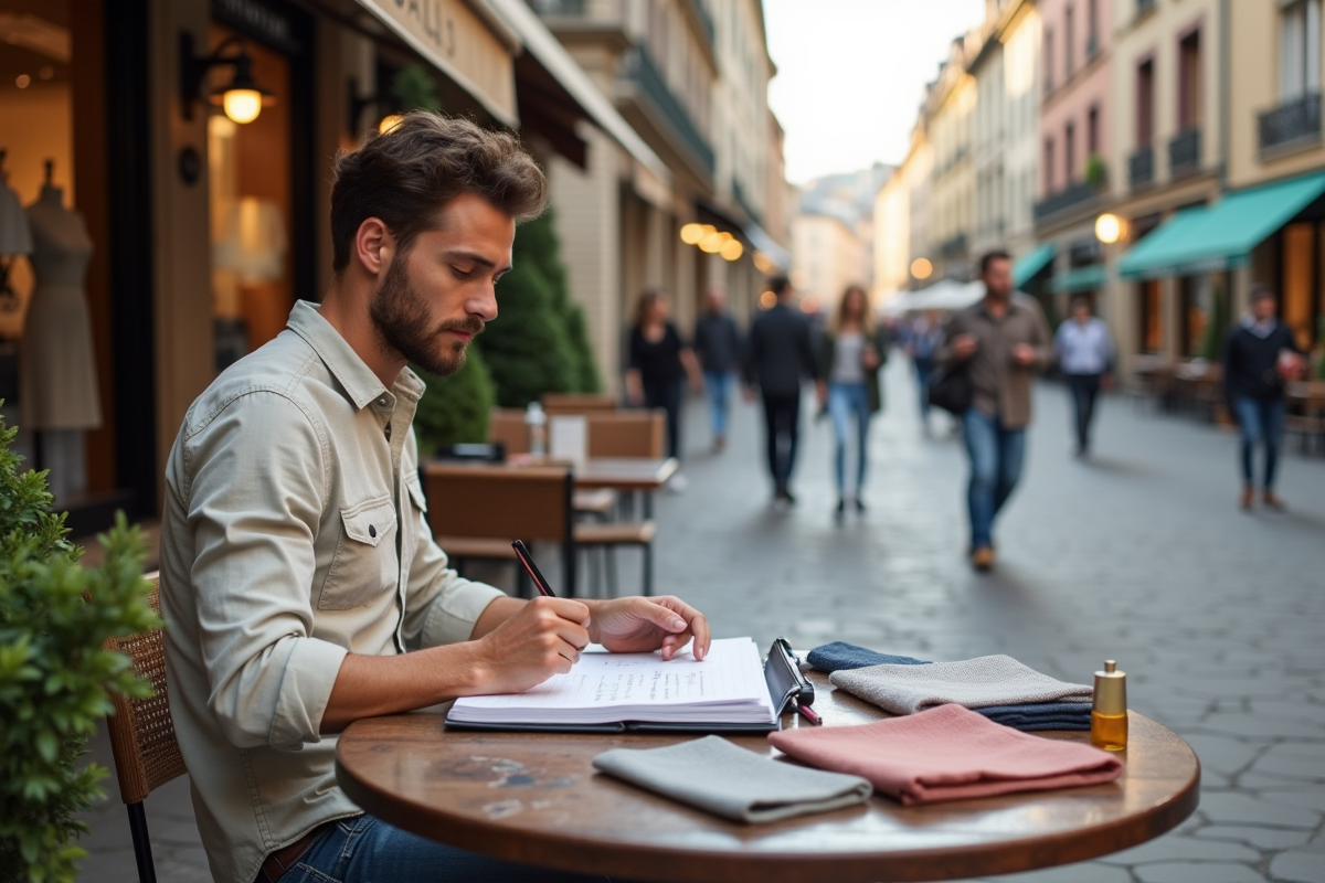 Jeune designer dessinant des motifs dans un café à Lyon