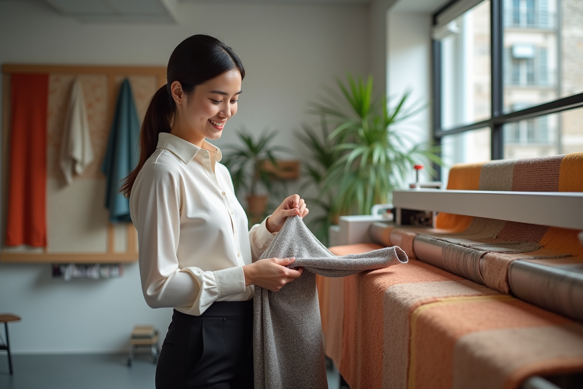 Jeune femme designer textile examinant un tissu innovant