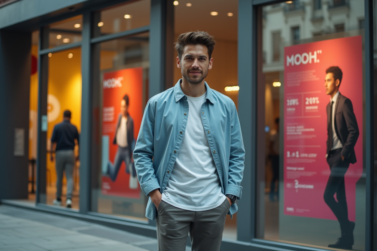 Jeune directeur créatif devant une vitrine colorée