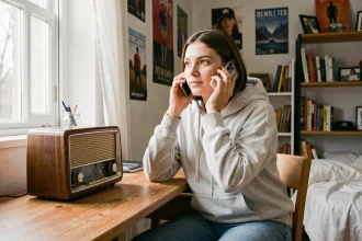 Jeune femme appelant la radio Skyrock depuis son téléphone pour participer à un jeu antenne et tenter de gagner