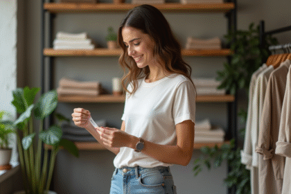 Jeune femme examine une étiquette de vêtement dans une boutique écologique