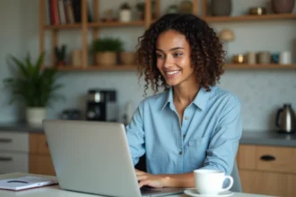 Jeune femme nord-africaine souriante devant son ordinateur à la maison