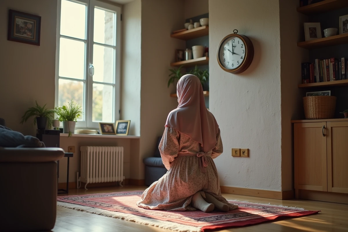 Jeune femme en prière dans son salon à Tremblayen