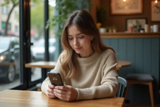 Jeune femme contemplant son smartphone dans un café lumineux
