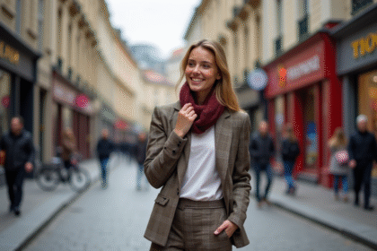 Jeune femme élégante en ville avec blazer et foulard