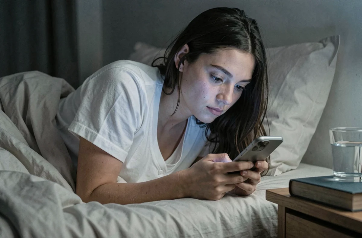 Jeune femme allongée dans son lit la nuit qui vérifie ses stories et remarque l'absence d'un contact