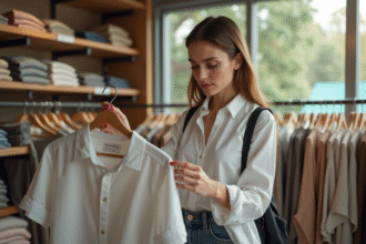 Jeune femme examinant l'étiquette d'un t-shirt écologique en boutique