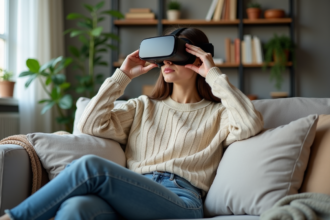 Jeune femme portant un casque VR dans un salon cosy