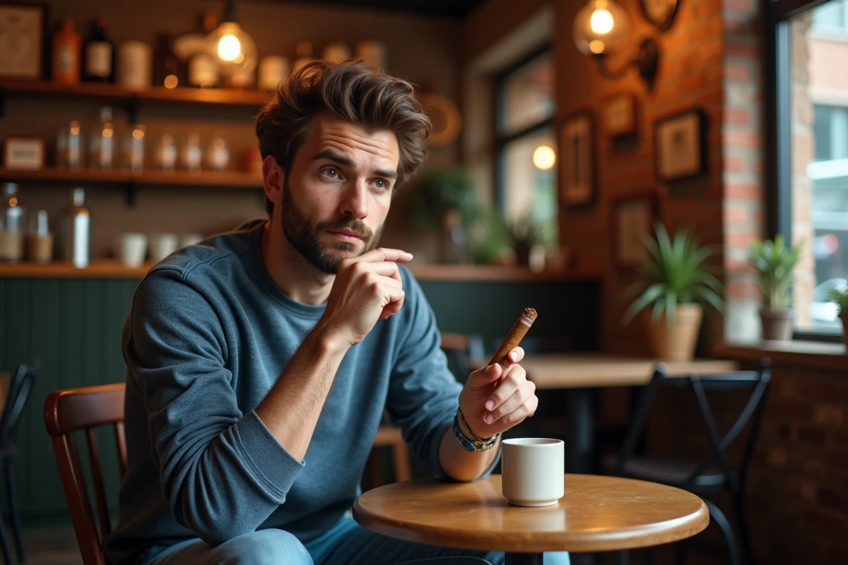 Jeune homme en café avec cigare non allume