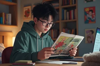 Jeune homme lisant manga dans sa chambre cosy