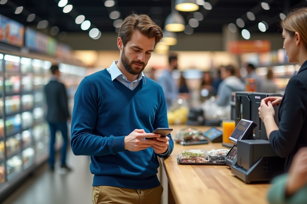 Jeune homme payant avec son smartphone au supermarche