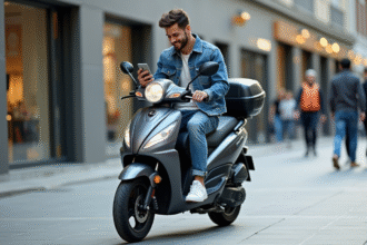 Jeune homme en denim sur scooter en ville