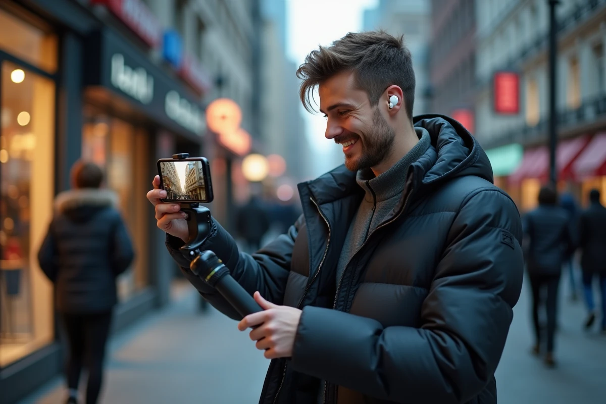 Jeune homme filmant une vidéo de lui-même dans une rue animée, symbolisant la culture du contenu personnel et des nouvelles obsessions de la génération connectée