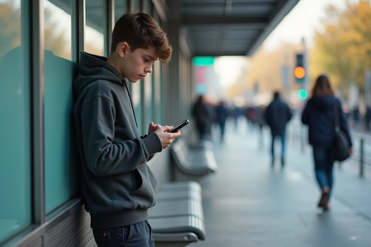 Adolescent regardant son smartphone dans une station urbaine