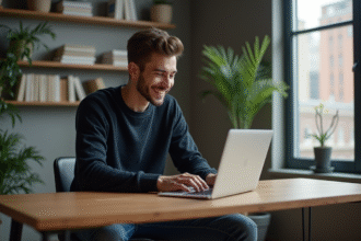 Jeune homme concentré travaillant sur son ordinateur à domicile
