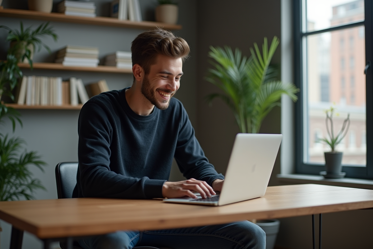 Jeune homme concentré travaillant sur son ordinateur à domicile