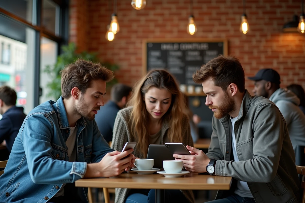 Trois jeunes adultes réunis dans un café mais chacun isolé sur son propre écran, reflet des nouvelles habitudes sociales de la génération connectée