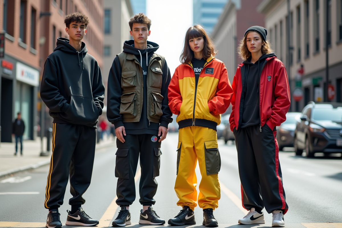 Quatre jeunes adultes en streetwear urbain en ville