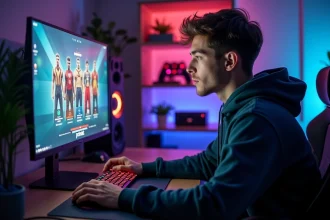 Jeune joueur de League of Legends concentré devant son écran de jeu dans une chambre gaming moderne
