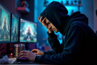 Joueur de League of Legends frustré devant son écran après une défaite en solo queue, erreurs de jeu et perte de LP