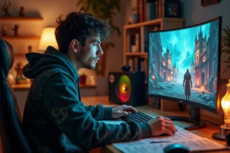 Joueur concentré préparant sa stratégie pour le Royaume d'encre Dofus niveau 200 à son bureau de gaming