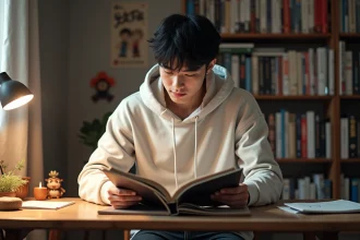 Jeune homme lisant un volume de manga One Punch Man à son bureau entouré de collections de mangas